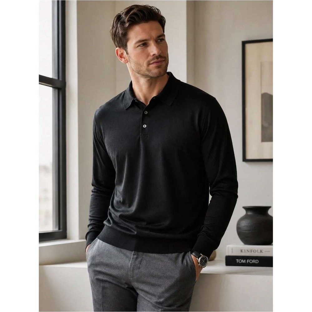 VTG Anthology Men's XL Black Knit Polo Sweater 100% Silk Lightweight Luxury Y2K